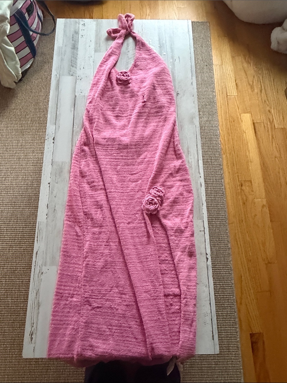 Pink Halter Knit Sweater Dress with Rosette Detail
